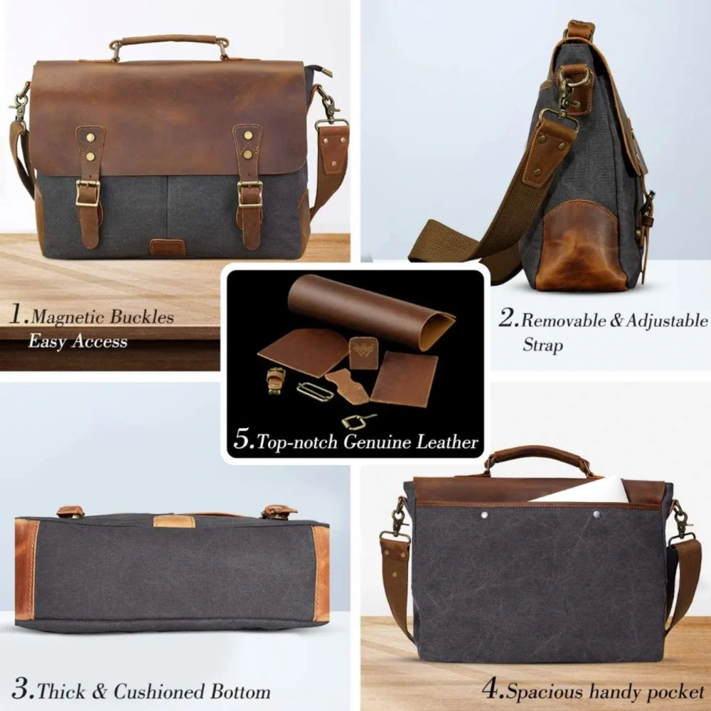 🆕WOWBOX 14” Canvas & Crazy Horse Leather Laptop Messenger Satchel Bag